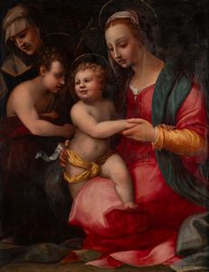 Scuola fiorentina, secolo XVI : Madonna con Bambino, San Giovannino e Sant'Anna  - Asta Arredi e Dipinti Antichi da una Dimora Lombarda - Associazione Nazionale - Case d'Asta italiane