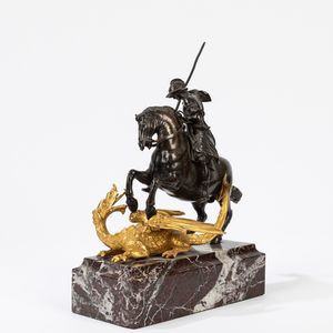 Bottega di Francesco Fanelli, secolo XVII. Gruppo in bronzo raffigurante San Giorgio ed il drago  - Asta Arredi e Dipinti Antichi da una Dimora Lombarda - Associazione Nazionale - Case d'Asta italiane