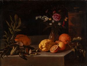 Attribuito a Luca Forte (Napoli, 1600/1605 – 1670) : Agrumi, vaso di fiori, legumi e pagnotta su un piano  - Asta Arredi e Dipinti Antichi da una Dimora Lombarda - Associazione Nazionale - Case d'Asta italiane