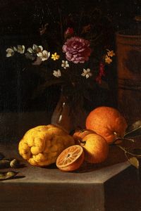 Attribuito a Luca Forte (Napoli, 1600/1605 – 1670) : Agrumi, vaso di fiori, legumi e pagnotta su un piano  - Asta Arredi e Dipinti Antichi da una Dimora Lombarda - Associazione Nazionale - Case d'Asta italiane