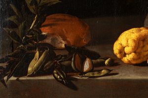 Attribuito a Luca Forte (Napoli, 1600/1605 – 1670) : Agrumi, vaso di fiori, legumi e pagnotta su un piano  - Asta Arredi e Dipinti Antichi da una Dimora Lombarda - Associazione Nazionale - Case d'Asta italiane