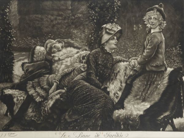 JACQUES-JAMES TISSOT Nantes (Francia) 1836 - 1902 Chenecey-Buillon (Francia) : Le Banc de Jardin 1882  - Asta Grafica - Associazione Nazionale - Case d'Asta italiane