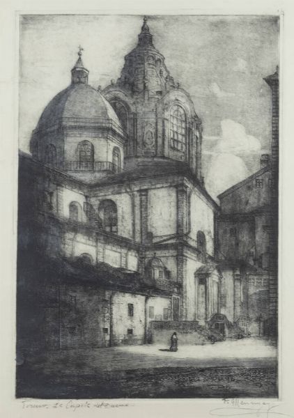 FRANCESCO MENNYEY Torino 1889 - 1950 : Torino  le cupole del Duomo  - Asta Grafica - Associazione Nazionale - Case d'Asta italiane