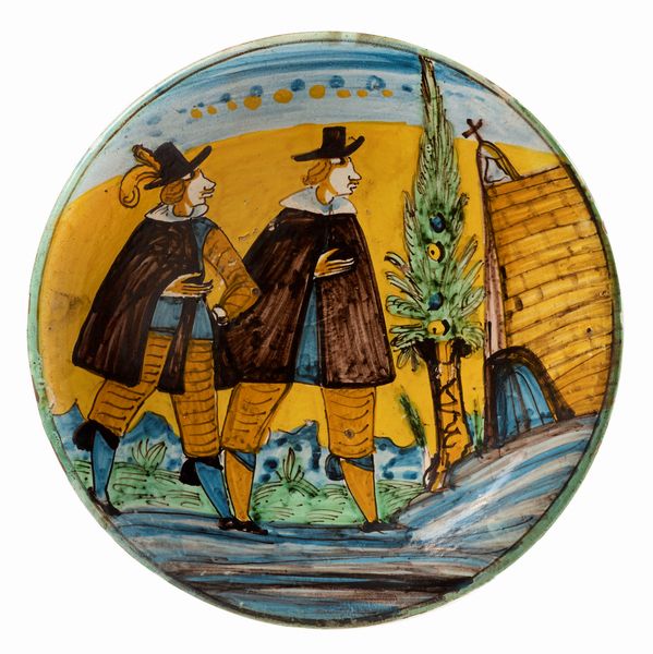 Piatto in maiolica policroma giallo, verde, azzurro e manganese  - Asta Maioliche, Sculture e Dipinti Antichi - Associazione Nazionale - Case d'Asta italiane