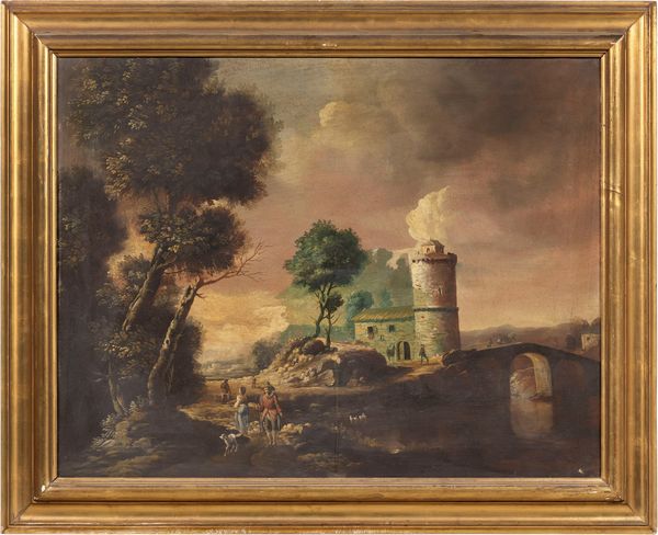 Scuola italiana fine XVII secolo : Paesaggio con figure e torre sullo sfondo  - Asta Maioliche, Sculture e Dipinti Antichi - Associazione Nazionale - Case d'Asta italiane