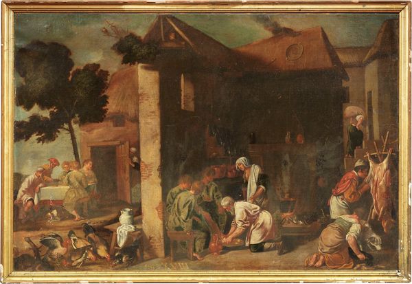 Scuola emiliana del XVII secolo : Scena di mercato  - Asta Maioliche, Sculture e Dipinti Antichi - Associazione Nazionale - Case d'Asta italiane