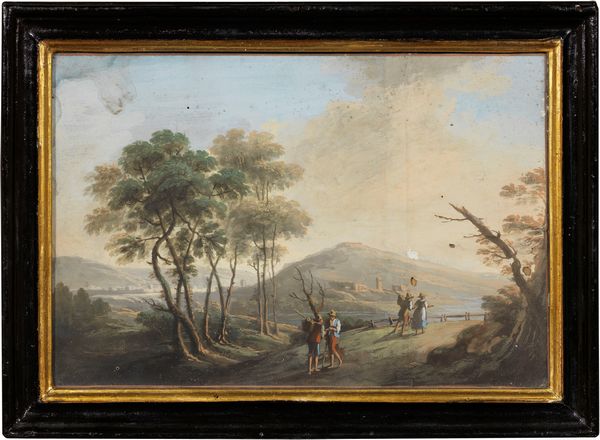 Scuola italiana fine XVIII secolo : Paesaggio con viandanti, Paesaggio marino con porto e Paesaggio con alberi e figure  - Asta Maioliche, Sculture e Dipinti Antichi - Associazione Nazionale - Case d'Asta italiane