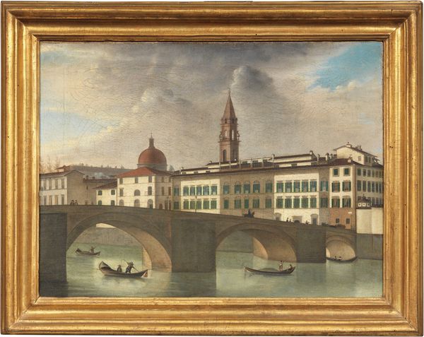 Fabio Borbottoni (attr. a) : Veduta del Lungarno di Firenze dal Ponte alla Carraia con il campanile della Chiesa di Santo Spirito sullo sfondo  - Asta Maioliche, Sculture e Dipinti Antichi - Associazione Nazionale - Case d'Asta italiane