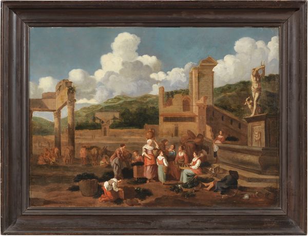 Scuola romana del XVIII secolo : Paesaggio con scena di mercato e ruderi architettonici  - Asta Maioliche, Sculture e Dipinti Antichi - Associazione Nazionale - Case d'Asta italiane