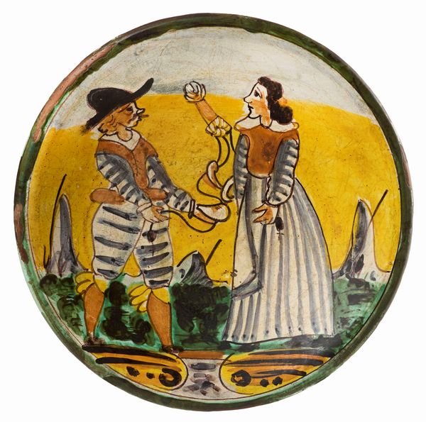 Piatto in maiolica policroma giallo, ocra, blu e verde  - Asta Dipinti e Sculture del XIX e XX secolo - Associazione Nazionale - Case d'Asta italiane