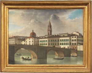 Fabio Borbottoni (attr. a) - Veduta del Lungarno di Firenze dal Ponte alla Carraia con il campanile della Chiesa di Santo Spirito sullo sfondo