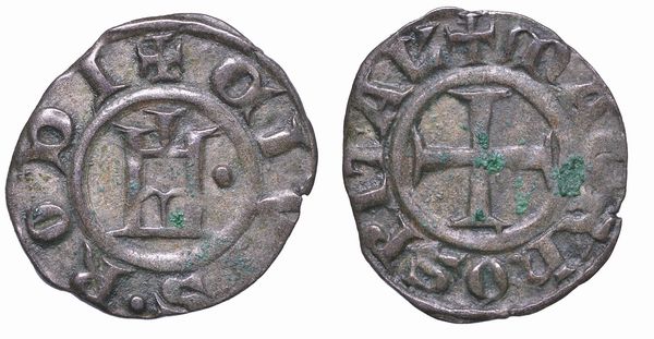 RODI. ANONIME DEI GRANDI MAESTRI, attribuite ai primi successori di Folco di Villaret met del sec. XIV. Imitazione orientale del denaro della Repubblica di Genova.  - Asta Numismatica - Associazione Nazionale - Case d'Asta italiane