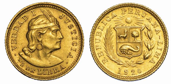 PER. REPUBLICA, DAL 1821. 1/5 Libra 1920. Lima.  - Asta Numismatica - Associazione Nazionale - Case d'Asta italiane