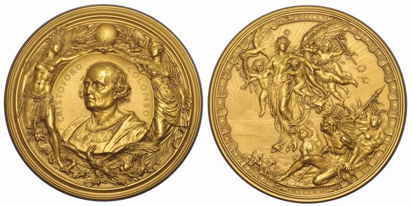 GENOVA. IV CENTENARIO DELLA SCOPERTA DELLAMERICA. Medaglione in bronzo dorato 1892.  - Asta Numismatica - Associazione Nazionale - Case d'Asta italiane