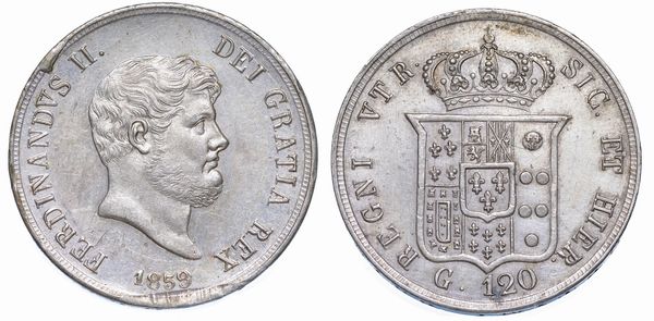 NAPOLI. FERDINANDO II DI BORBONE, 1830-1859. Piastra da 120 Grana 1859.  - Asta Numismatica - Associazione Nazionale - Case d'Asta italiane