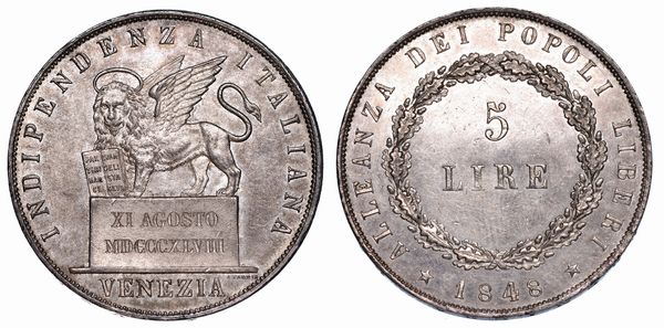 VENEZIA. GOVERNO PROVVISORIO DI VENEZIA, 1848-1849.<BR><BR> 5 Lire 1848 (II tipo).  - Asta Numismatica - Associazione Nazionale - Case d'Asta italiane