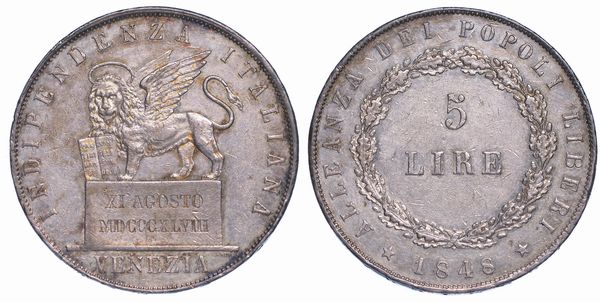 GOVERNO PROVVISORIO DI VENEZIA, 1848-1849. 5 Lire 1848 (II tipo).  - Asta Numismatica - Associazione Nazionale - Case d'Asta italiane