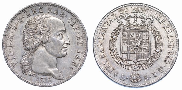 REGNO DI SARDEGNA. VITTORIO EMANUELE I DI SAVOIA, 1802-1821. 5 Lire 1816. Torino  - Asta Numismatica - Associazione Nazionale - Case d'Asta italiane