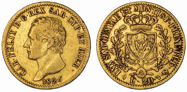 REGNO DI SARDEGNA. CARLO FELICE DI SAVOIA, 1821-1831. 20 Lire 1826. Torino.  - Asta Numismatica - Associazione Nazionale - Case d'Asta italiane