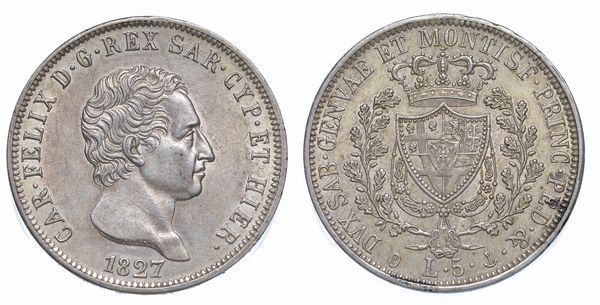 REGNO DI SARDEGNA. CARLO FELICE DI SAVOIA, 1821-1831. 5 Lire 1827. Genova.  - Asta Numismatica - Associazione Nazionale - Case d'Asta italiane