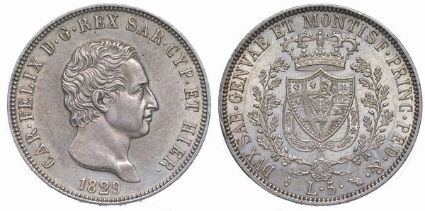 REGNO DI SARDEGNA. CARLO FELICE DI SAVOIA, 1821-1831. 5 Lire 1829. Torino.  - Asta Numismatica - Associazione Nazionale - Case d'Asta italiane