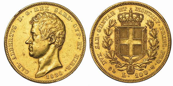 REGNO DI SARDEGNA. CARLO ALBERTO DI SAVOIA, 1831-1849. 100 Lire 1834. Genova.  - Asta Numismatica - Associazione Nazionale - Case d'Asta italiane