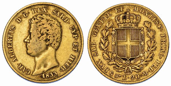 REGNO DI SARDEGNA. CARLO ALBERTO DI SAVOIA, 1831-1849. 20 Lire 1833. Torino.  - Asta Numismatica - Associazione Nazionale - Case d'Asta italiane