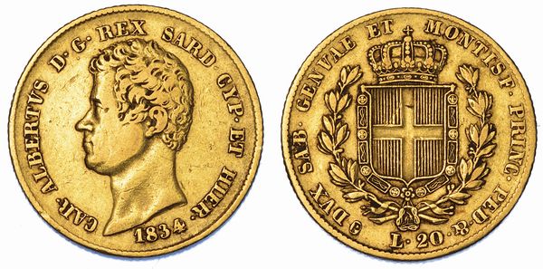 REGNO DI SARDEGNA. CARLO ALBERTO DI SAVOIA, 1831-1849. 20 Lire 1834. Senza marchio di zecca.  - Asta Numismatica - Associazione Nazionale - Case d'Asta italiane