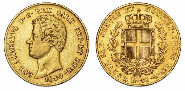 REGNO DI SARDEGNA. CARLO ALBERTO DI SAVOIA, 1831-1849. 20 Lire 1840. Genova.  - Asta Numismatica - Associazione Nazionale - Case d'Asta italiane