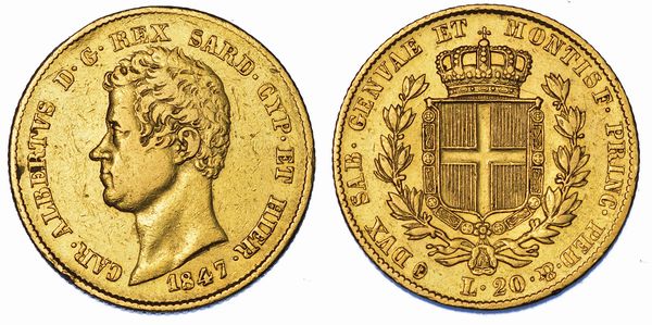 REGNO DI SARDEGNA. CARLO ALBERTO DI SAVOIA, 1831-1849. 20 Lire 1847. Senza marchio di zecca.  - Asta Numismatica - Associazione Nazionale - Case d'Asta italiane