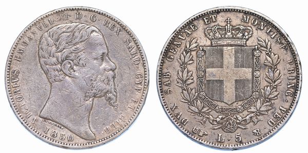 REGNO DI SARDEGNA. VITTORIO EMANUELE II DI SAVOIA, 1849-1861. 5 Lire 1850. Torino.  - Asta Numismatica - Associazione Nazionale - Case d'Asta italiane