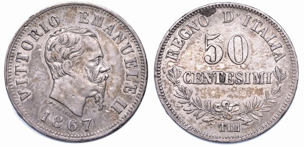 REGNO DITALIA. VITTORIO EMANUELE II DI SAVOIA, 1861-1878. 50 Centesimi 1867. Torino.  - Asta Numismatica - Associazione Nazionale - Case d'Asta italiane