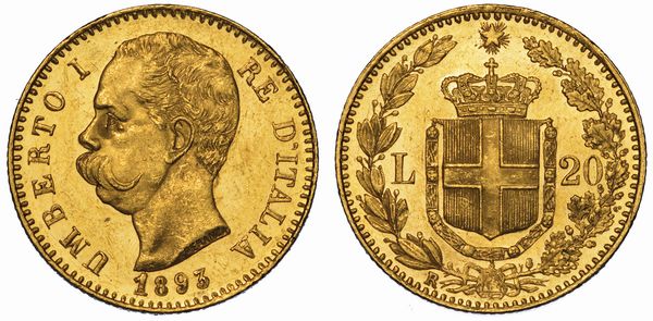 REGNO D'ITALIA. UMBERTO I DI SAVOIA, 1878-1900. 20 Lire 1893.  - Asta Numismatica - Associazione Nazionale - Case d'Asta italiane