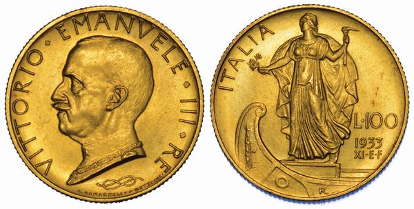 REGNO D'ITALIA. VITTORIO EMANUELE III DI SAVOIA, 1900-1946. 100 Lire 1933/A. XI. Italia su prora.  - Asta Numismatica - Associazione Nazionale - Case d'Asta italiane