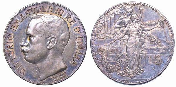 REGNO DITALIA. VITTORIO EMANUELE III DI SAVOIA, 1900-1946. 5 Lire 1911. Cinquantenario.  - Asta Numismatica - Associazione Nazionale - Case d'Asta italiane