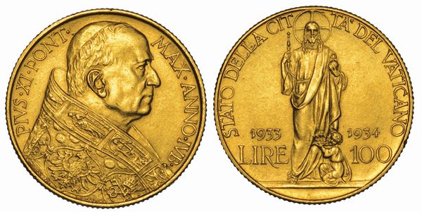 VATICANO. PIO XI, 1922-1939. 100 Lire 1933-1934.  - Asta Numismatica - Associazione Nazionale - Case d'Asta italiane