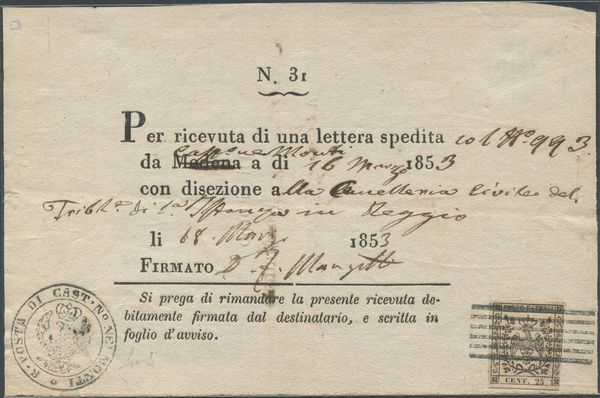 Modena - ricevuta di ritorno  - Asta Francobolli e Storia Postale - Associazione Nazionale - Case d'Asta italiane