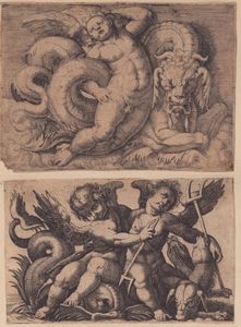 Giovanni Andrea Maglioli, copia da - Putto con un serpente marino - Due putti che cavalcano un mostro marino