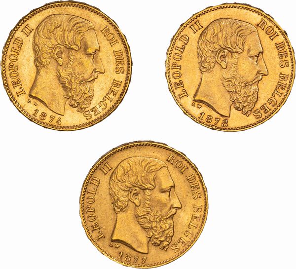 Belgio, LEOPOLD II, 1865-1909 : Lotto di tre esemplari del 20 franchi  - Asta Numismatica - Associazione Nazionale - Case d'Asta italiane