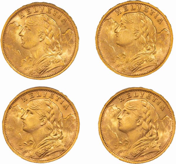 Svizzera, CONFEDERAZIONE (dal 1848) : Lotto di quattro esemplari del 20 franchi  - Asta Numismatica - Associazione Nazionale - Case d'Asta italiane