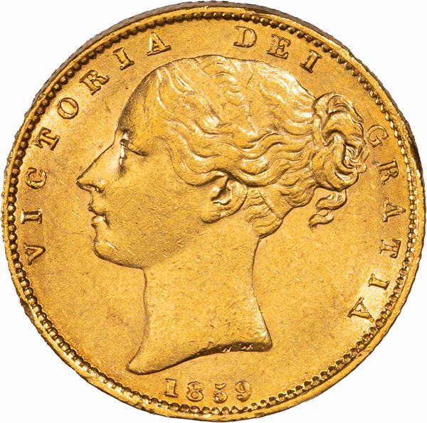 Gran Bretagna -  Territori Britannici d'oltre mare e dipendenze delle Corona, Regina Vittoria - Testa giovane stemmata - I tipo, 1 Sterlina (Sovrana) 1859, Londra  - Asta Numismatica - Associazione Nazionale - Case d'Asta italiane