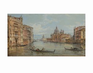 Giovanni Grubacs - Opera - Olio su tavola 14.5 x 25.5 - Canal Grande con Punta della Dogana...