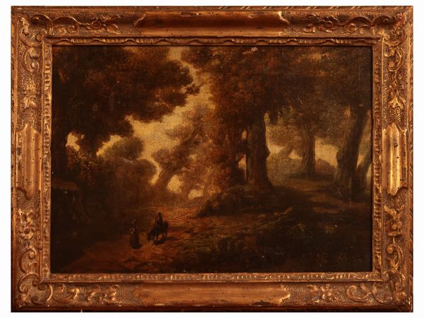 Scuola di Barbizon del XIX secolo : Paesaggio boschivo con viandanti  - Asta Di villa in villa Una collezione di vetri - Associazione Nazionale - Case d'Asta italiane