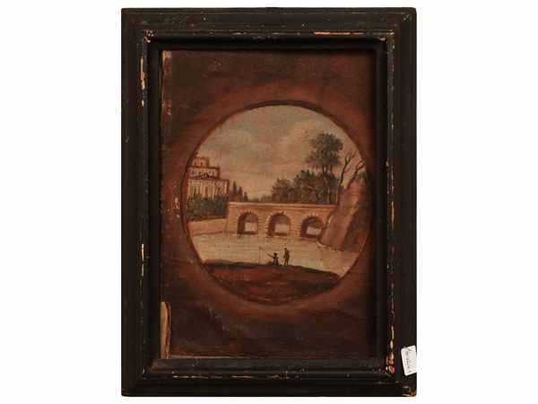 Paesaggio fluviale con ponte e pescatori  - Asta Di villa in villa Una collezione di vetri - Associazione Nazionale - Case d'Asta italiane