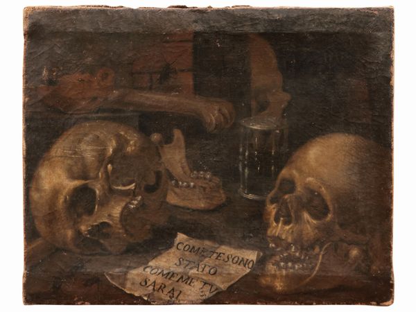 Scuola dell'Italia centrale del XVII/XVIII secolo : Come te sono stato come me tu sarai, Memento mori  - Asta Di villa in villa Una collezione di vetri - Associazione Nazionale - Case d'Asta italiane