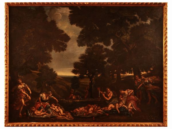 Da Francesco Albani, XVIII/XIX secolo : Cupido disarmato dalle ninfe  - Asta Di villa in villa Una collezione di vetri - Associazione Nazionale - Case d'Asta italiane