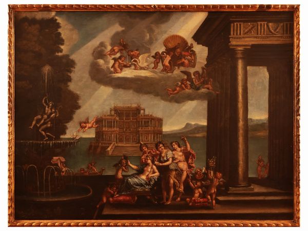 Da Francesco Albani, XVIII/XIX secolo : La toilette di Venere con architetture, fontana e tempio sullo sfondo  - Asta Di villa in villa Una collezione di vetri - Associazione Nazionale - Case d'Asta italiane