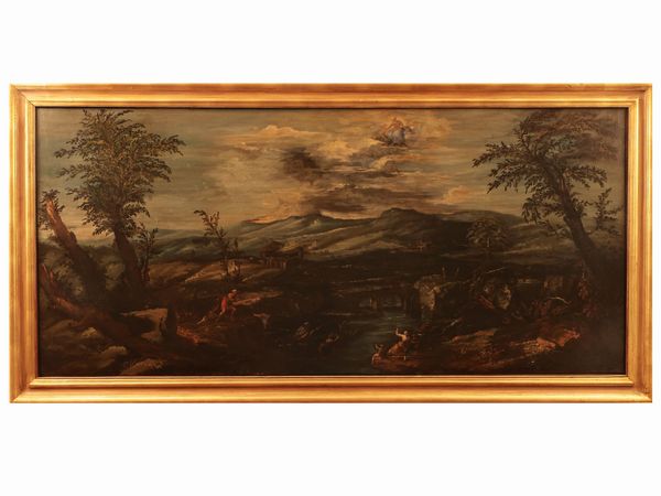 Scuola fiamminga del XVII/XVIII secolo : Paesaggio con figure, fiume e ponte  - Asta Di villa in villa Una collezione di vetri - Associazione Nazionale - Case d'Asta italiane