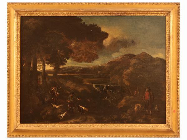 SCUOLA GENOVESE DEL XVIII SECOLO : Scena di caccia con cacciatori e cani in paesaggio boschivo  - Asta Di villa in villa Una collezione di vetri - Associazione Nazionale - Case d'Asta italiane