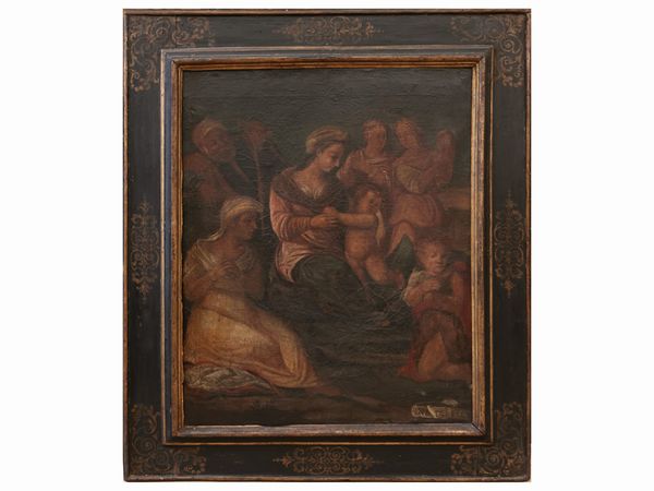 Scuola italiana del XVII/XVIII secolo : Sacra Famiglia con Sant'Elisabetta e San Giovannino  - Asta Di villa in villa Una collezione di vetri - Associazione Nazionale - Case d'Asta italiane